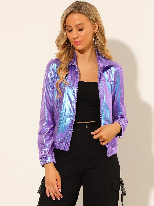 women's long sleeve tops for the officeHolographic Long Sleeve Lightweight Zipper Metallic Jacket