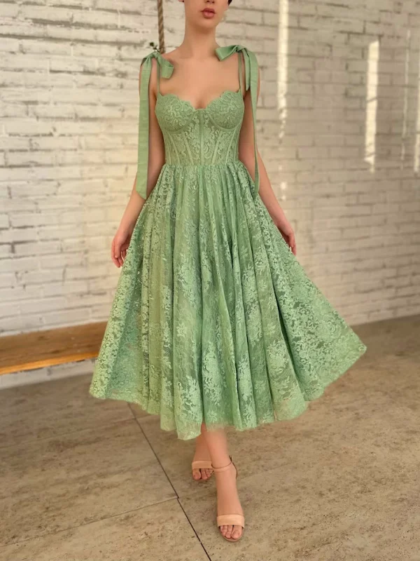 beach party dressesSweetheart Neck Green Lace Tea Length Prom Dresses, Green Lace Homecoming Dresses, Tea Length Green Formal Graduation Evening Dresses SP2736