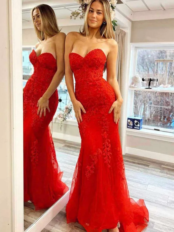 high-low party dressesStrapless Mermaid Red Lace Long Prom Dresses, Mermaid Red Formal Dresses, Red Lace Evening Dresses SP2878