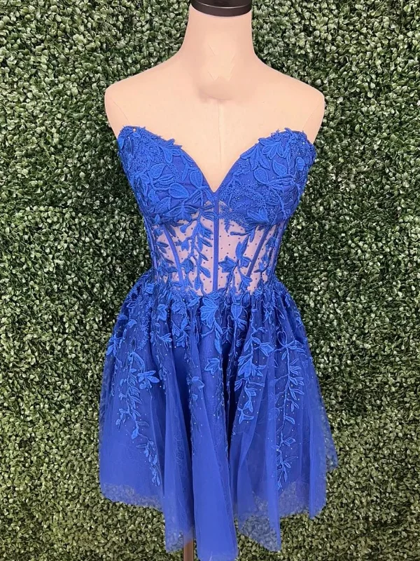 mother-of-the-bride party dressesStrapless Blue/Pink Lace Short Prom Dresses, Blue/Pink Lace Homecoming Dresses, Short Blue/Pink Formal Evening Dresses SP2766