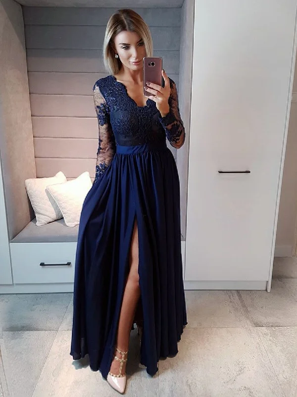 sweetheart-neck party dressesNavy Blue Long Sleeves Beaded Lace Long Prom Dresses with High Slit, Long Sleeve Navy Blue Formal Dresses, Lace Evening Dresses