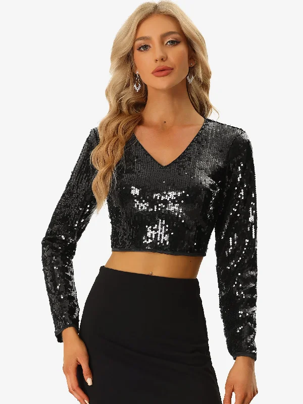 women's long sleeve tops with appliqué designsSequin Long Sleeve V Neck Sparkly Shiny Crop Top Blouse