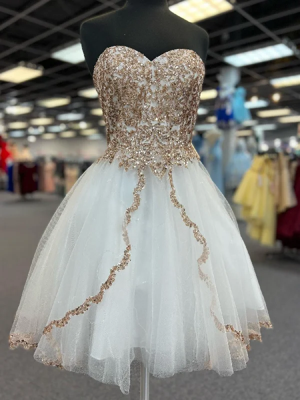 A-line party dressesStrapless Shiny Champagne Sequins White Prom Dresses, White Tulle Homecoming Dresses with Sequins, White Formal Evening Dresses SP2978