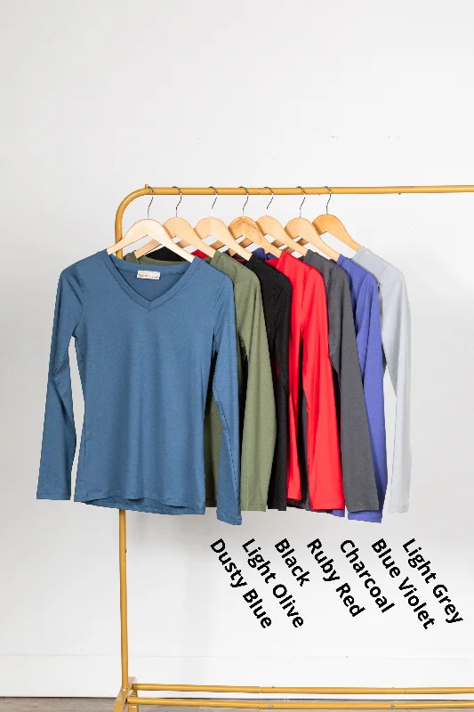 women's long sleeve tops with lightweight and breathable materialBrushed Microfiber Long Sleeve V-Neck Knit Top