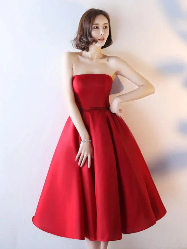 ball gown party dressesStrapless Red Tea Length Prom Dresses, Red Homecoming Dresses, Tea Length Formal Evening Dresses SP2707