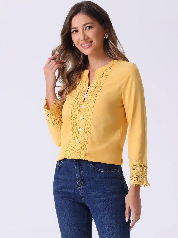 women's long sleeve tops with asymmetrical hemlinesBoho Half Button Placket Long Sleeve Lace Crochet Blouses