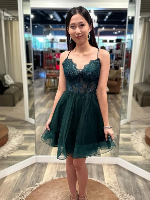 sustainable party dressesV Neck Dark Green Lace Short Prom Dresses, Green Lace Homecoming Dresses, Short Dark Green Formal Graduation Evening Dresses SP2772