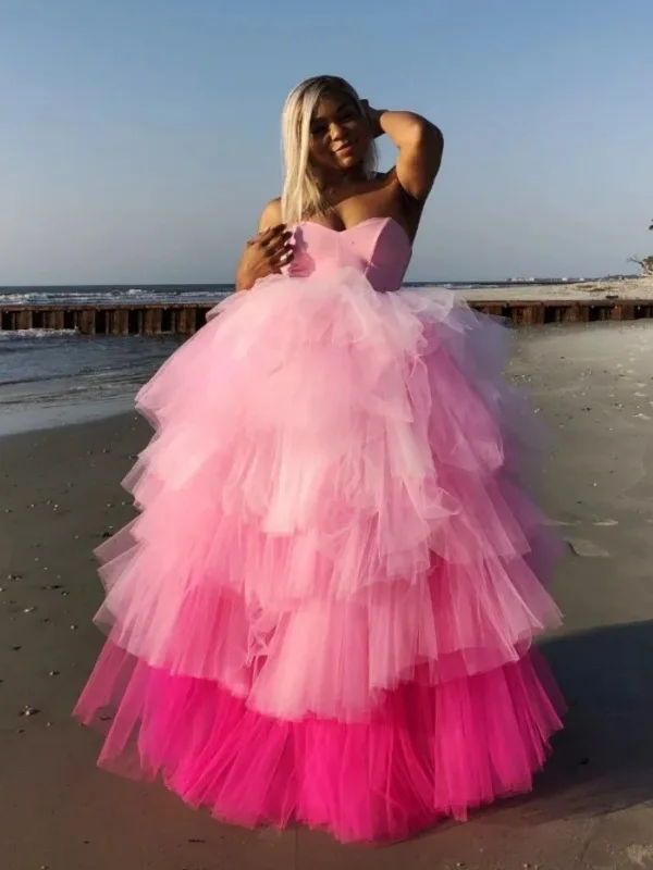 A-line party dressesStrapless Layered Pink Tulle Long Prom Dresses, Fluffy Pink Formal Evening Dresses, Pink Ball Gown SP2887