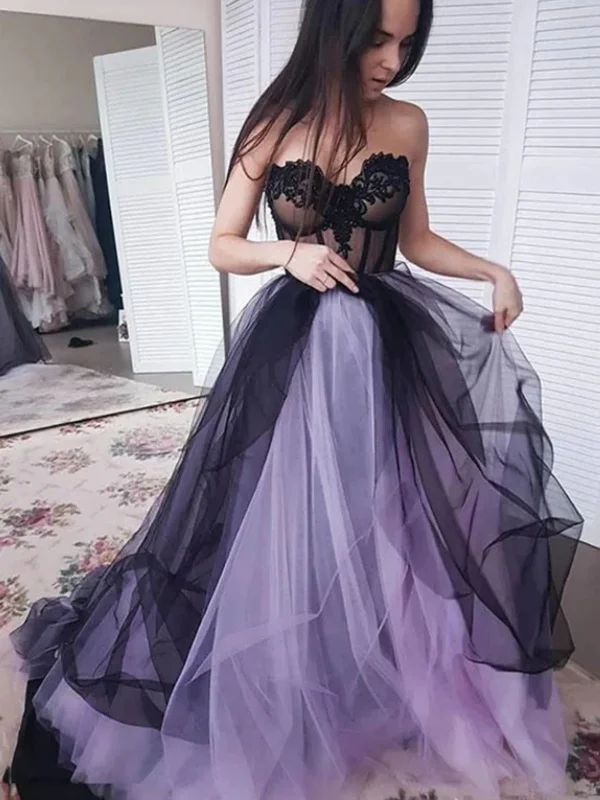 plus-size friendly party dressesLovely Strapless Black and Purple Tulle Lace Long Prom Dresses, Black and Purple Tulle Formal Graduation Evening Dresses SP2905