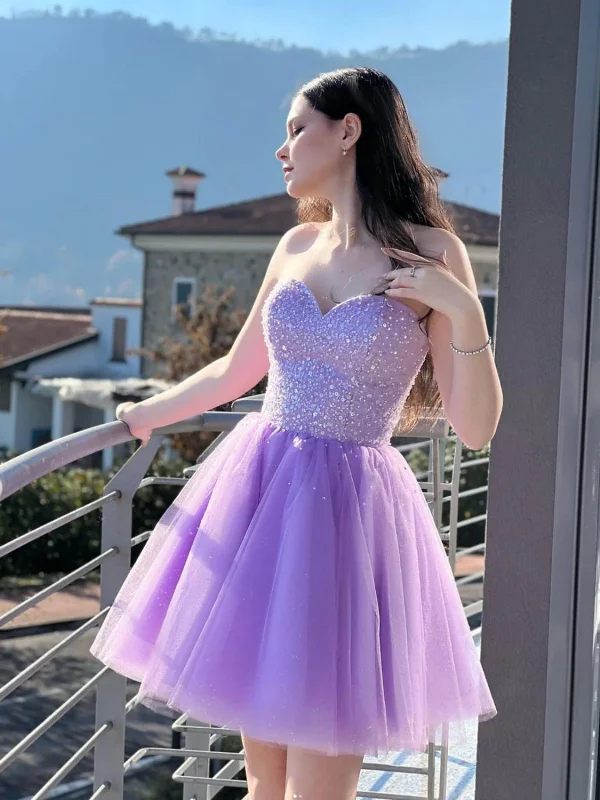 budget-friendly party dressesShiny Sweetheart Neck Purple Sequins Prom Dresses, Strapless Lilac Homecoming Dresses, Short Purple Formal Graduation Evening Dresses SP2719