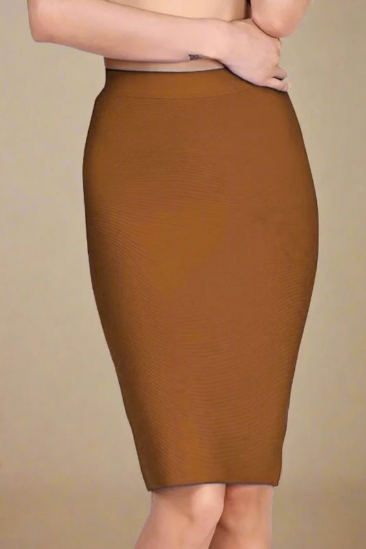 women's timeless satin skirtsPencil High Waist Bandage Knee Length Skirt - Tan Brown