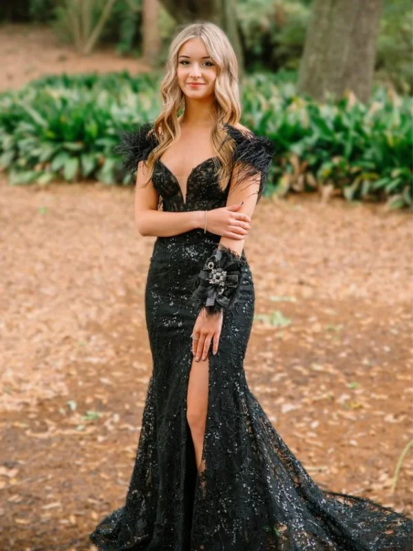 pastel party dressesOff Shoulder Mermaid Black Lace Long Prom Dresses with Train, V Neck Black Lace Formal Evening Dresses with High Slit SP3048