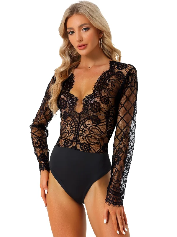 chic women's long sleeve topsDeep V Neck Lace Sheer Mesh Long Sleeve Bodysuit Clubwear Top