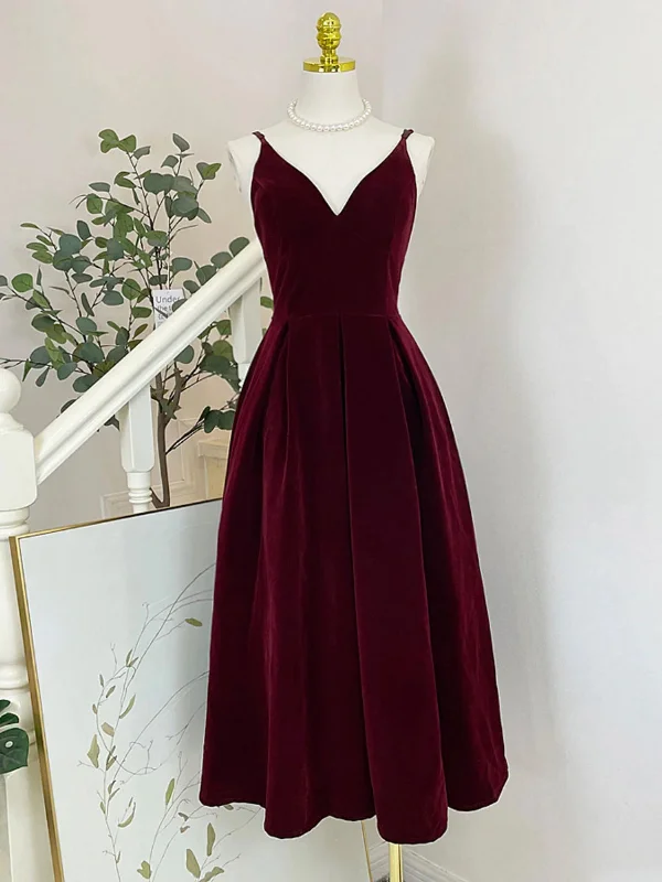 pastel party dressesV Neck Tea Length Burgundy/Black Prom Dresses, Burgundy/Black Velvet Homecoming Dresses, Burgundy/Black Formal Graduation Evening Dresses SP2726