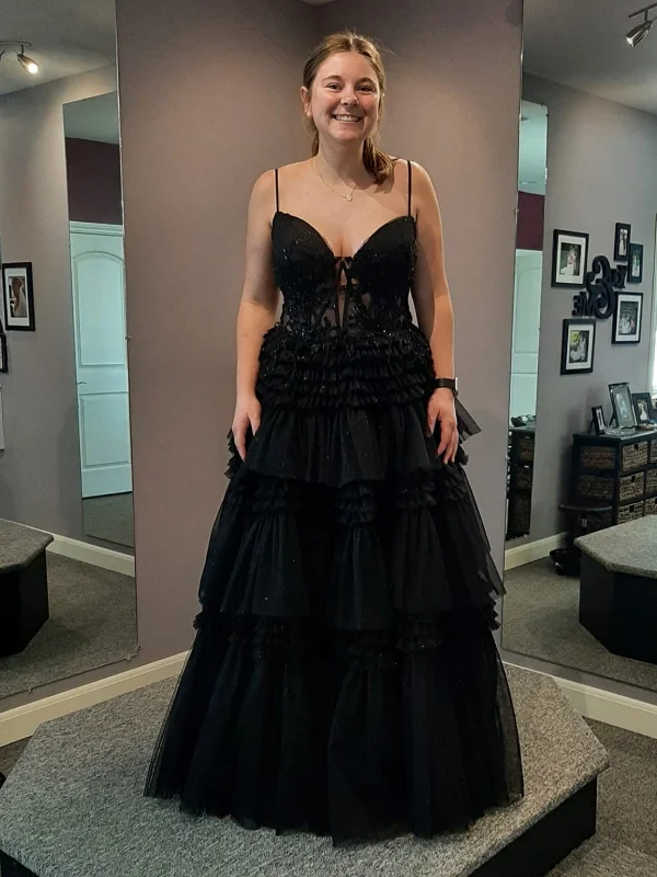 spring party dressesA Line V Neck Layered Black Lace Long Prom Dresses, Black Lace Formal Dresses, Black Evening Dresses SP3007