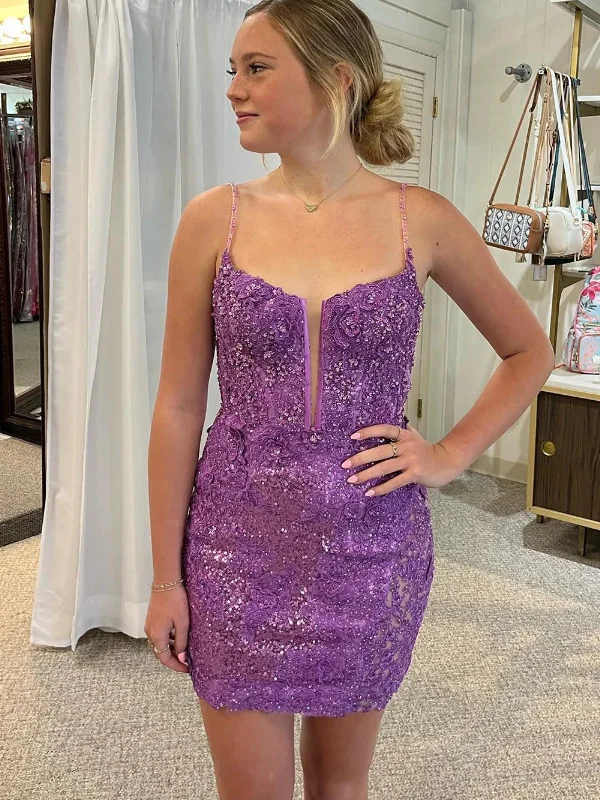 mini party dressesV Neck Open Back Purple Lace Sequins Prom Dresses, Purple Lace Homecoming Dresses, Short Purple Sequins Formal Evening Dresses SP2986