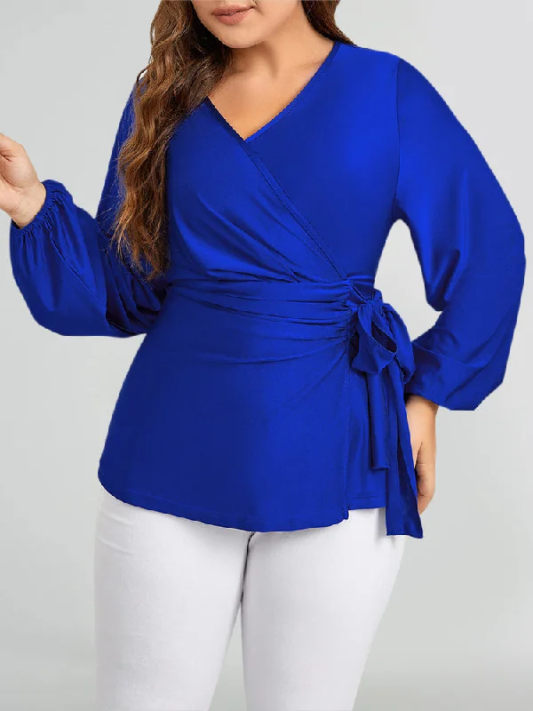 women's long sleeve tops with lace-up backsPlus Royal Blue Solid V-Neck Wrap Tie Waist Long Sleeve Blouse