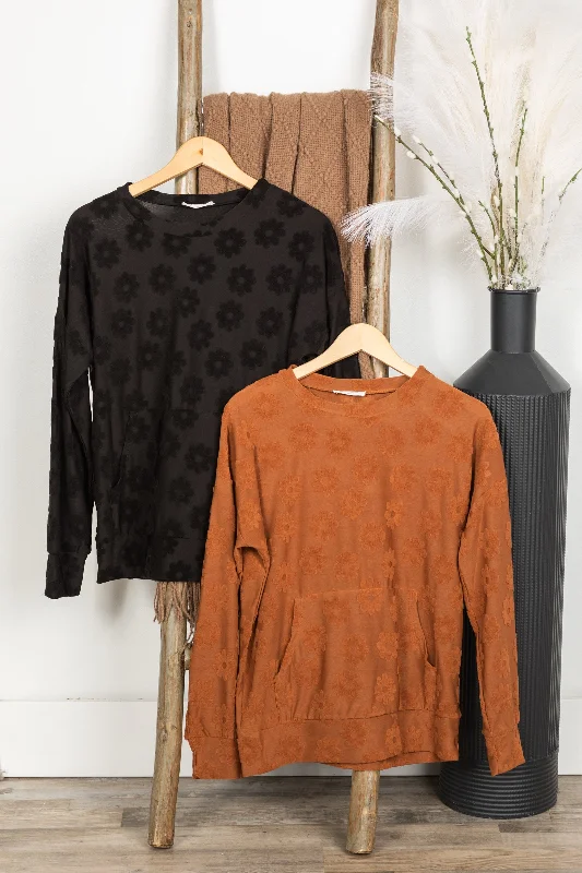 women's long sleeve tops for winterBrushed Floral Textured Long Sleeve Knit Top