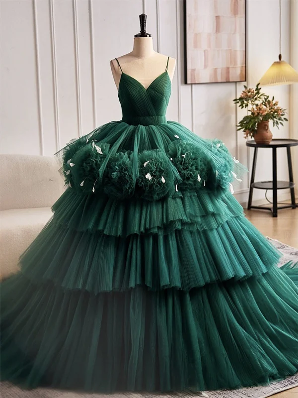 flutter-sleeve party dressesGorgeous Open Back V Neck Layered Green Tulle Long Prom Dresses, V Neck Green Formal Evening Dresses, Green Ball Gown SP2884