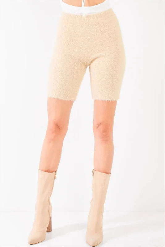 women's knee-length shortsFASHNZFAB Oatmeal Beige Knit High Waist Stretchy Warm Fuzzy Biker Shorts