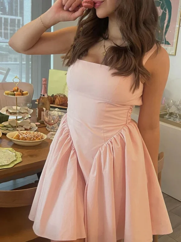 cotton party dressesOpen Back Simple Pink Satin Short Prom Dresses, Open Back Pink Homecoming Dresses, Pink Formal Evening Dresses SP2968