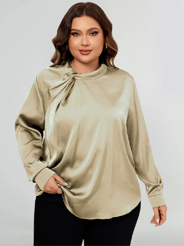 women's long sleeve tops with fitted designsPlus Satin Solid Knot Detail Long Sleeve Elegant Blouse