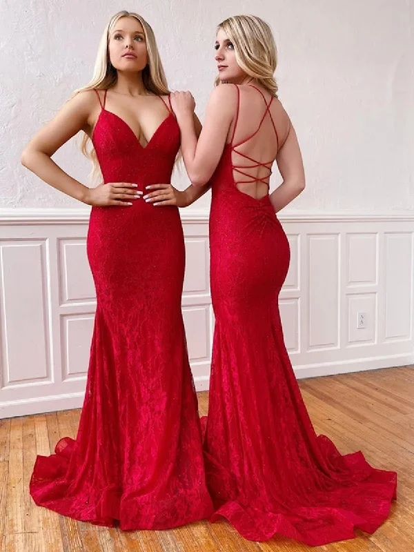 comfortable party dressesV Neck Mermaid Red Lace Long Prom Dresses, Mermaid Lace Red Formal Dresses, Red Lace Evening Dresses