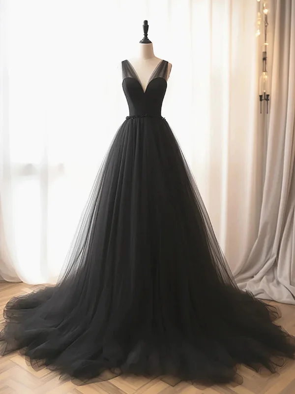 floral party dressesA Line V Neck Black Tulle Long Prom Dresses, Long Black Formal Graduation Evening Dresses SP2917