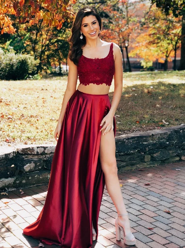 asymmetrical party dressesBurgundy Two Pieces Lace Satin Long Prom Dresses with High Split, Two Pieces Burgundy Formal Dresses, Lace Burgundy Evening Dresses 2019