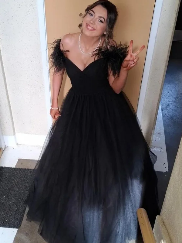 mermaid party dressesA Line V Neck Black Tulle Long Prom Dresses with Feathers, Long Black Formal Graduation Evening Dresses SP3029