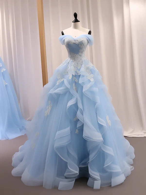 winter party dresses (with tights)Off Shoulder Light Blue Tulle Long Prom Dresses with Lace Appliques, High Low Light Blue Formal Evening Dresses, Light Blue Ball Gown SP2924