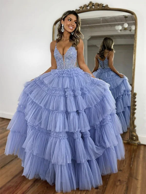 mermaid party dressesV Neck Layered Tulle Blue Lace Long Prom Dresses, Blue Lace Formal Dresses, Blue Evening Dresses SP2879