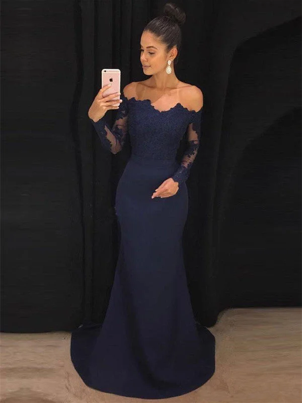 prom party dressesNavy Blue Off Shoulder Mermaid Long Sleeves Lace Prom Dresses, Navy Blue Formal Dresses, Evening Dresses