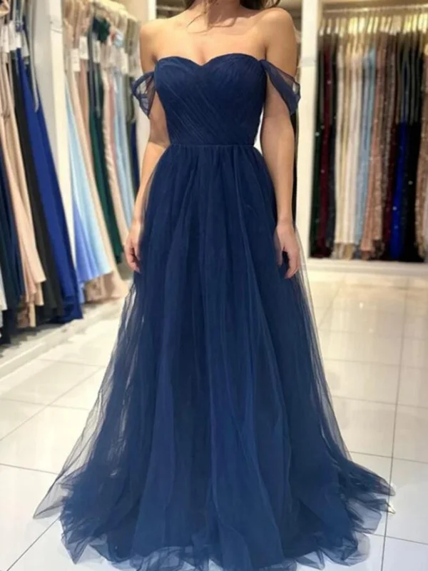 empire waist party dressesOff Shoulder Navy Blue Tulle Long Prom Dresses, Navy Blue Formal Graduation Evening Dresses SP2885