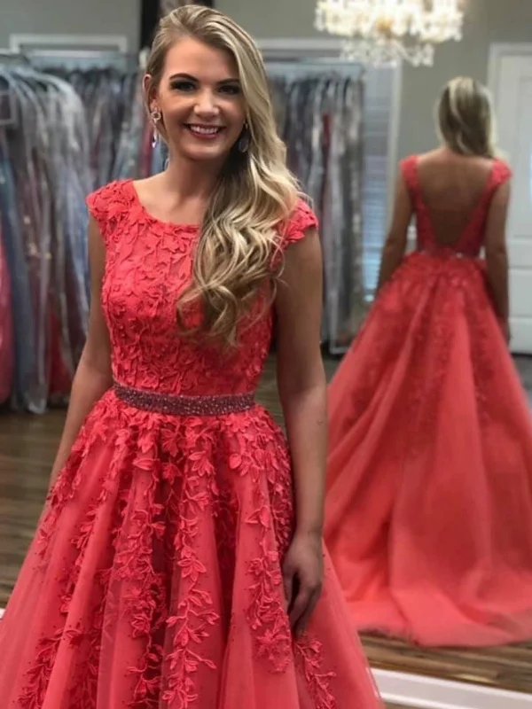 summer party dressesRound Neck Open Back Coral Lace Long Prom Dresses with Belt, Coral Lace Formal Evening Dresses SP2925