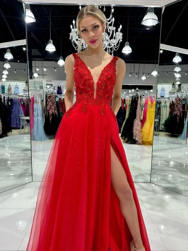 flutter-sleeve party dressesA Line V Neck Red Lace Long Prom Dresses with High Slit, Red Lace Formal Graduation Evening Dresses SP3025