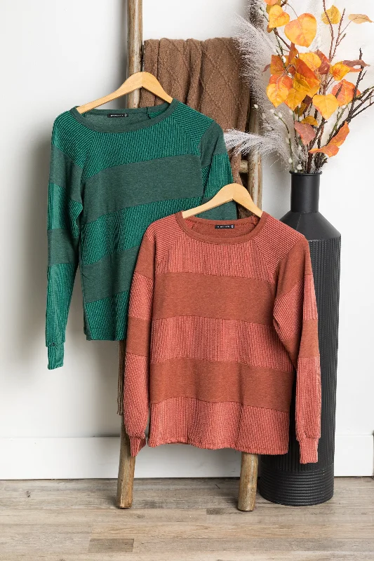 women's long sleeve tops with ribbed hemsRibbed Blocked Fabric Long Sleeve Knit Top