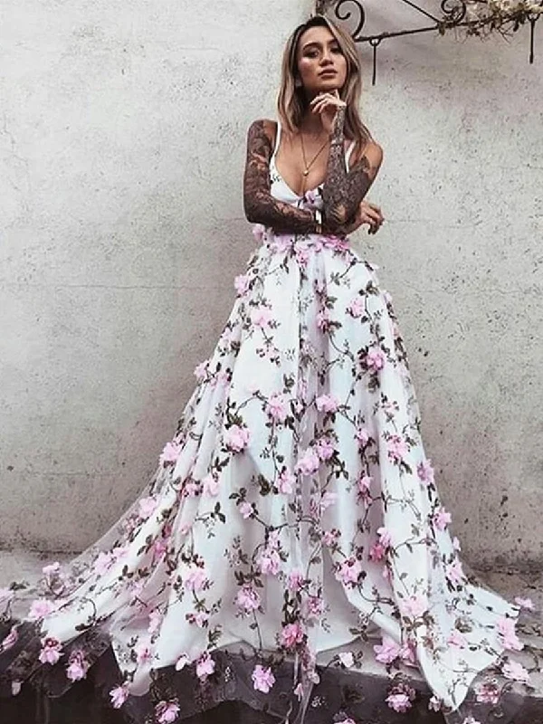 off-the-shoulder party dressesA Line V Neck Backless Pink Lace Floral White Prom Dresses, Pink 3D Flower White Formal Dresses, Evening Dresses