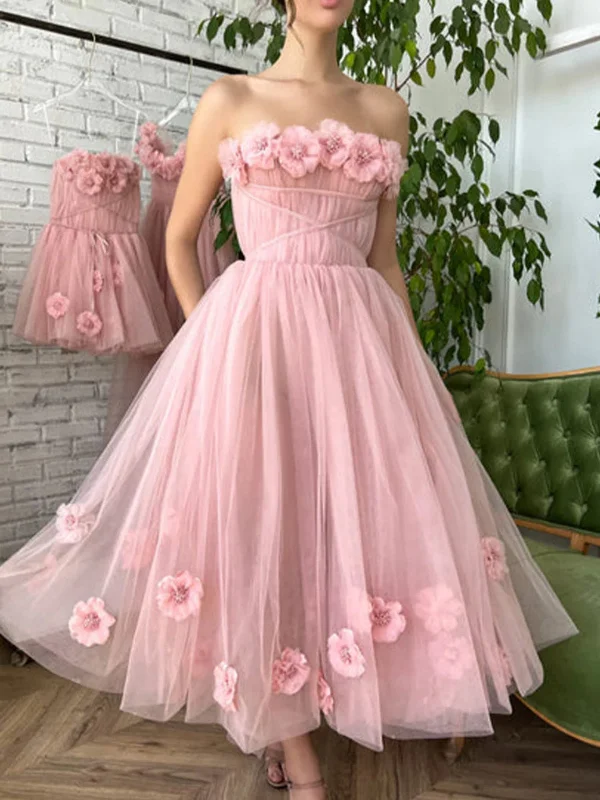 bodycon party dressesStrapless Pink Floral Tea Length Prom Dresses, Pink Homecoming Dresses with 3D Flowers, Pink Formal Graduation Evening Dresses SP2749