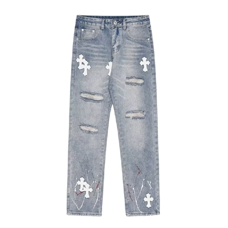 women's high-waisted denim jeanswomen's high-waisted denim jeansClassic Cross Leather Label Ripped Jeans