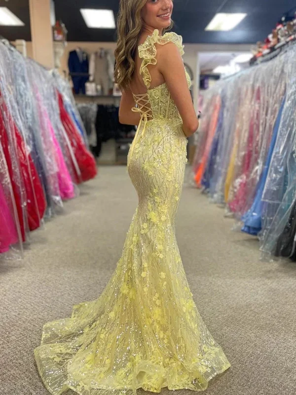 asymmetrical party dressesOpen Back Mermaid Yellow Lace Floral Long Prom Dresses with Train, Mermaid Yellow Formal Dresses, Yellow Lace Evening Dresses SP2870