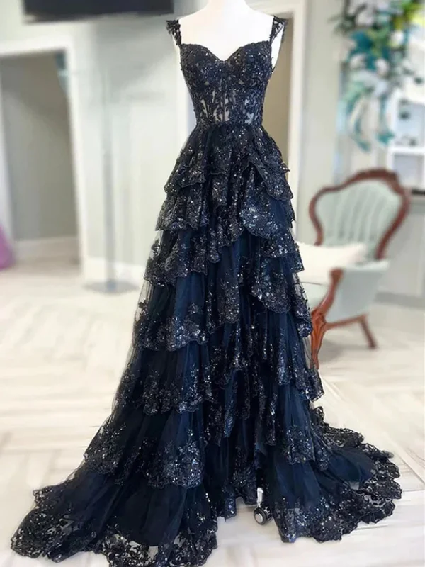 bohemian party dressesA Line Navy Blue Lace Layered Long Prom Dresses with High Slit, Navy Blue Lace Formal Dresses, Navy Blue Evening Dresses SP2920