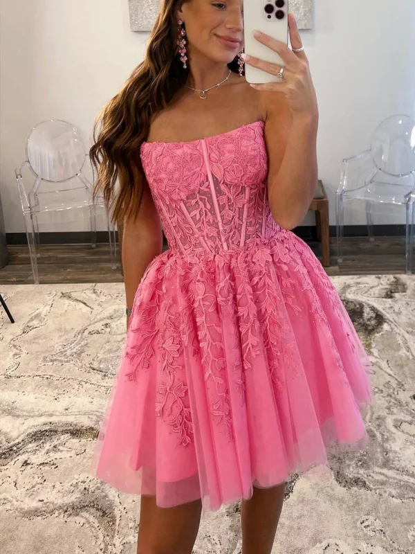 lace party dressesStrapless Hot Pink Lace Prom Dresses, Hot Pink Lace Homecoming Dresses, Short Hot Pink Formal Graduation Evening Dresses SP2752