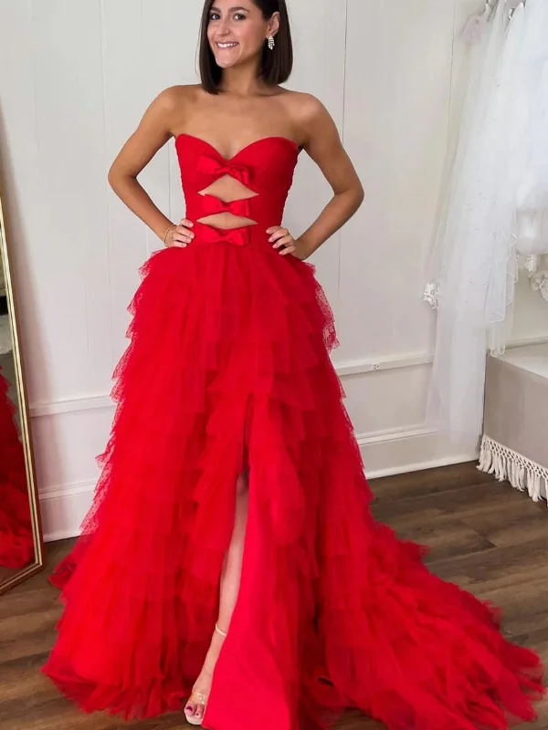 vintage party dressesStrapless Red Ruffle Tulle Long Prom Dresses with High Slit, Long Red Formal Graduation Evening Dresses with Train SP2921