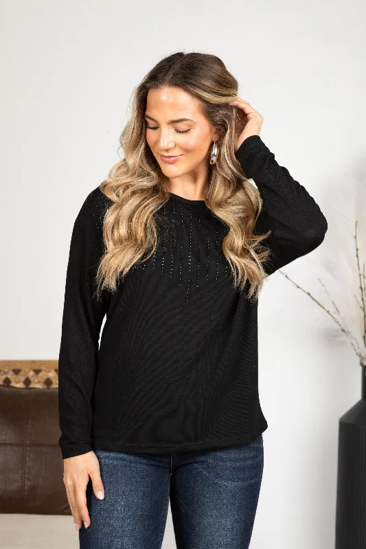 women's long sleeve tops with unique designsBlack Long Sleeve Knit Top With Stones