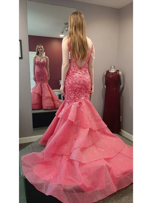 summer party dressesGorgeous V Neck Open Back Mermaid Hot Pink Lace Long Prom Dresses, Hot Pink Lace Formal Evening Dresses, Hot Pink Ball Gown SP3009