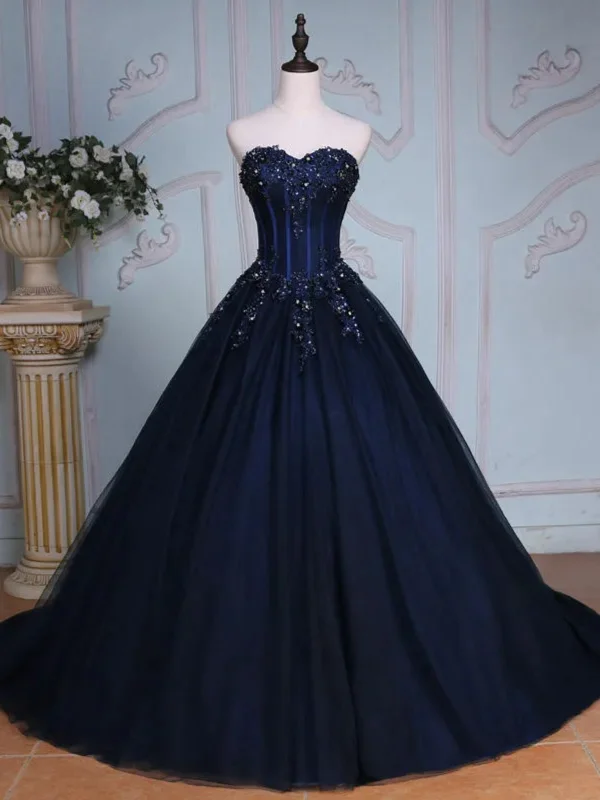 chic party dressesStrapless Navy Blue Lace Sequins Long Prom Dresses with Train, Navy Blue Lace Formal Evening Dresses, Navy Blue Ball Gown SP2893