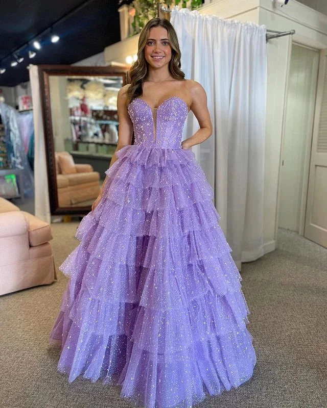 illusion-sleeve party dressesShiny Strapless V Neck Layered Purple Tulle Long Prom Dresses, Long Purple Formal Graduation Evening Dresses SP2950