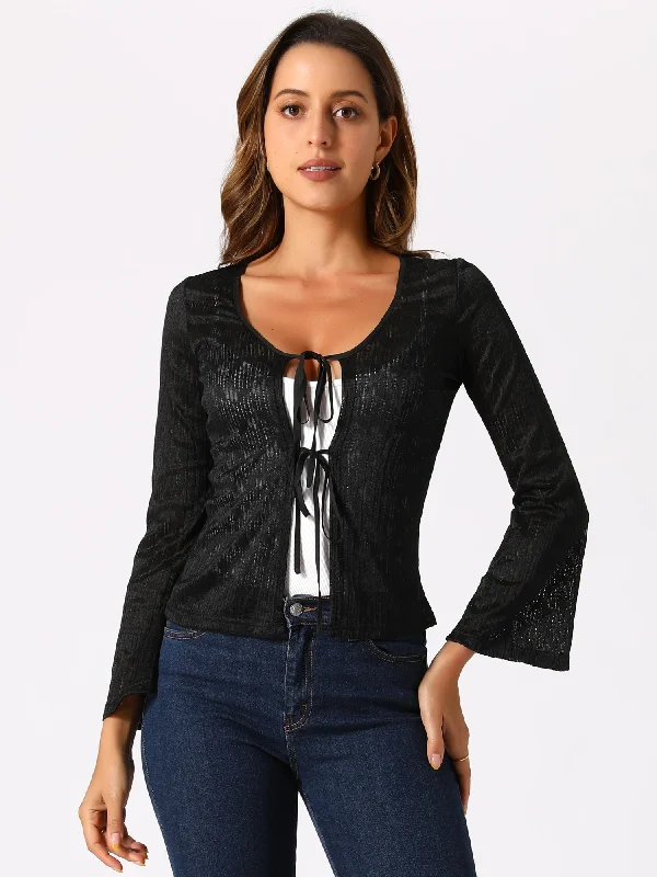 women's long sleeve tops with quilted designsLace Tie Front Bell Long Sleeve Bolero Cover Up