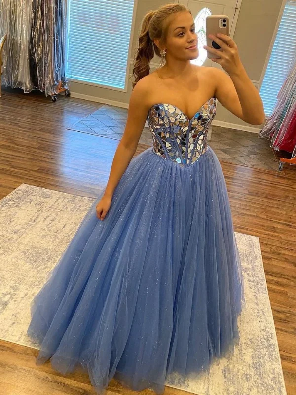 spring party dressesShiny Sequins Strapless Blue Tulle Long Prom Dresses, Strapless Blue Formal Dresses, Blue Evening Dresses SP2927